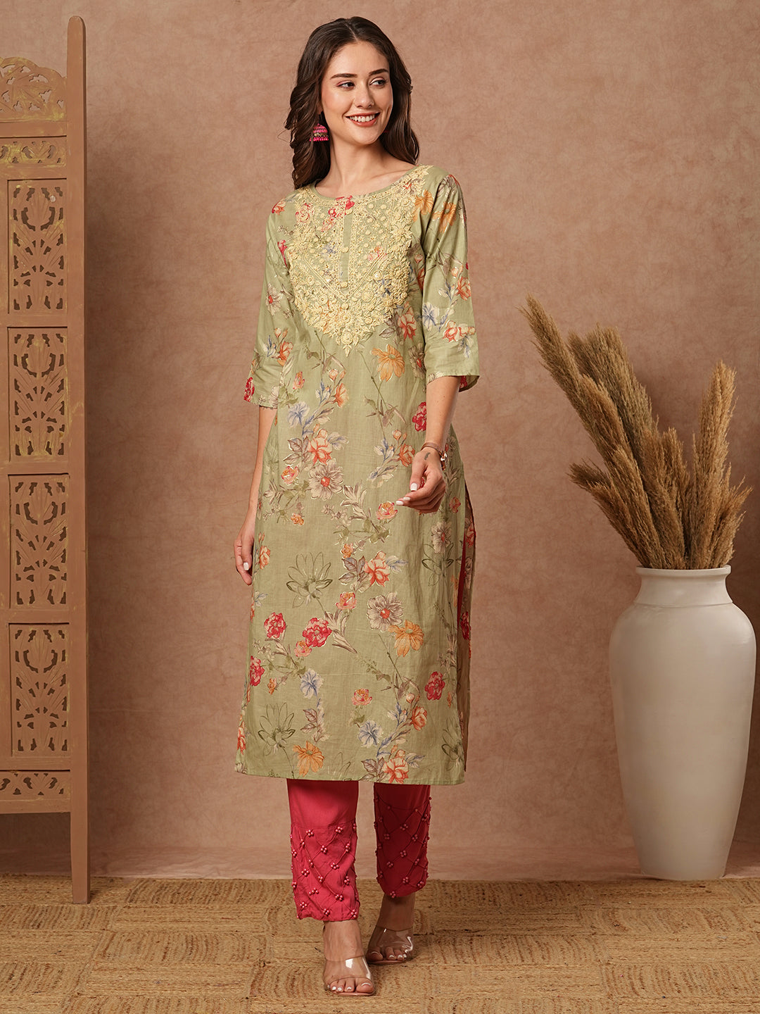 Floral Printed Resham & Sequins Embroidered Kurta - Green