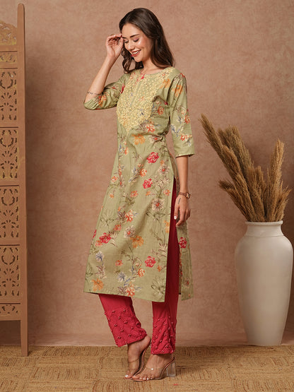 Floral Printed Resham & Sequins Embroidered Kurta - Green