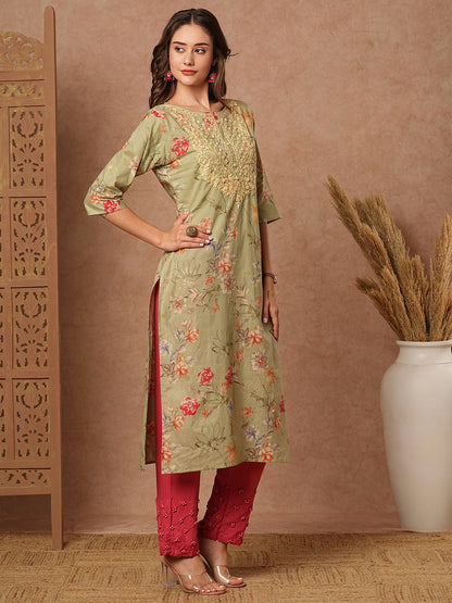 Floral Printed Resham & Sequins Embroidered Kurta - Green