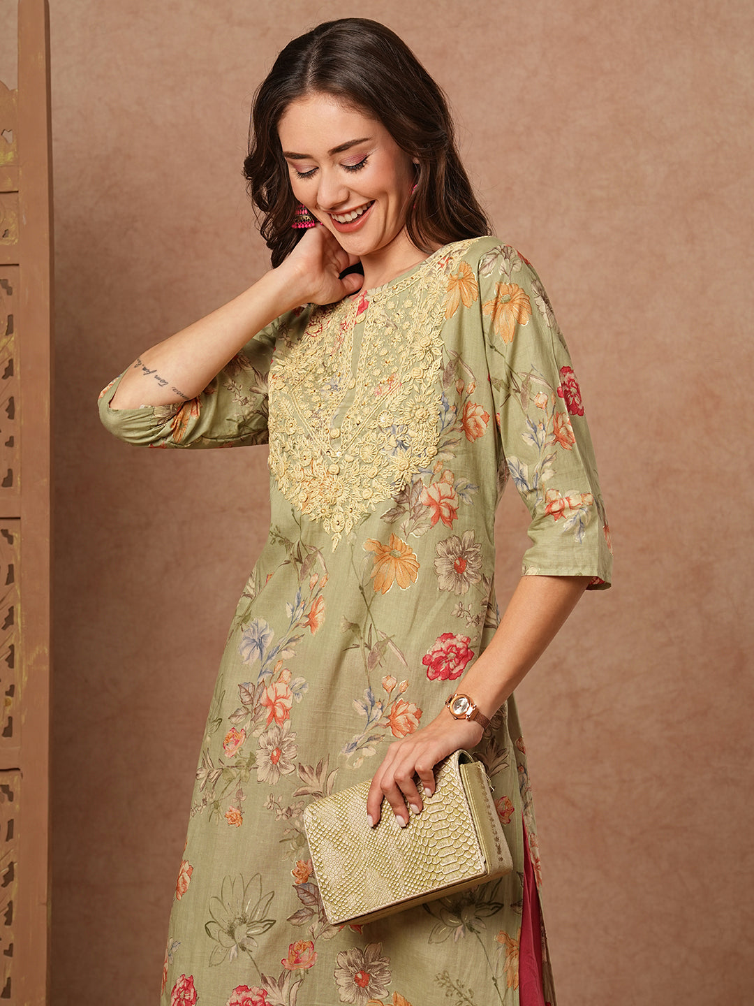 Floral Printed Resham & Sequins Embroidered Kurta - Green