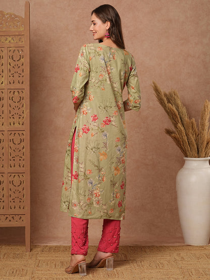 Floral Printed Resham & Sequins Embroidered Kurta - Green