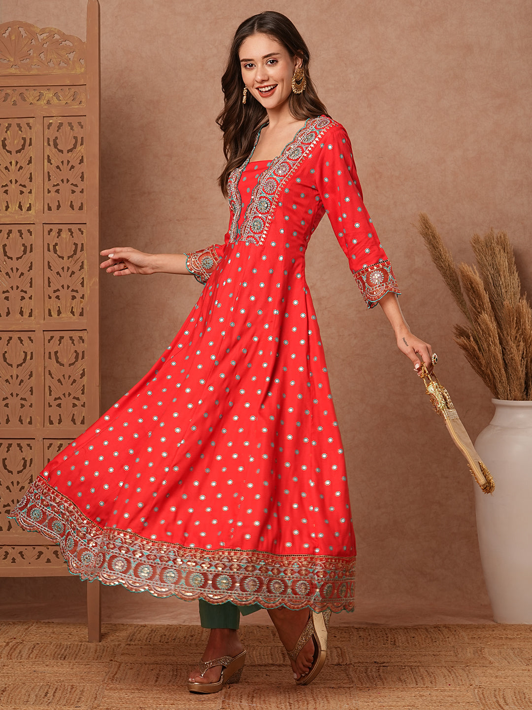 Abstract Printed Resham, Sequins & Zari & Embroidered Anarkali Dress - Red