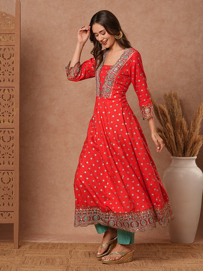 Abstract Printed Resham, Sequins & Zari & Embroidered Anarkali Dress - Red