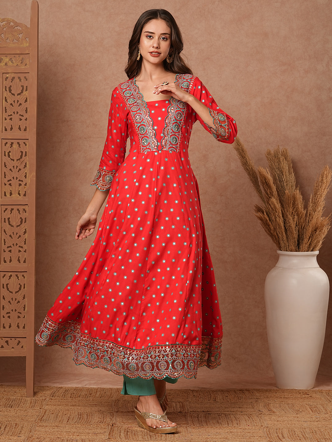 Abstract Printed Resham, Sequins & Zari & Embroidered Anarkali Dress - Red