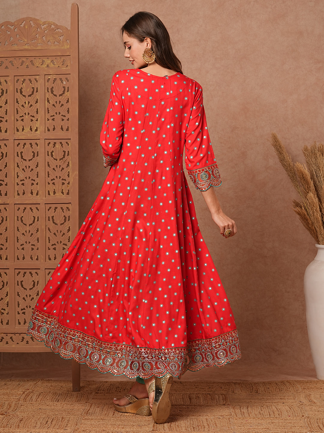 Abstract Printed Resham, Sequins & Zari & Embroidered Anarkali Dress - Red