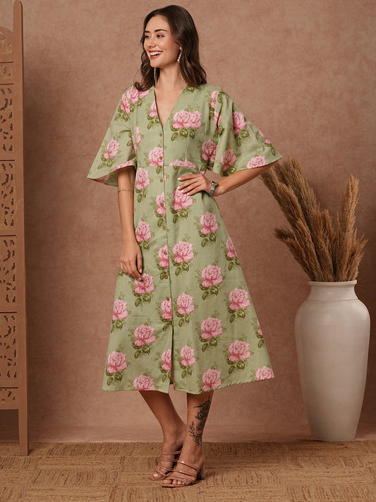 Floral Foil Printed A-Line Paneled Midi Cotton Flax Dress - Green