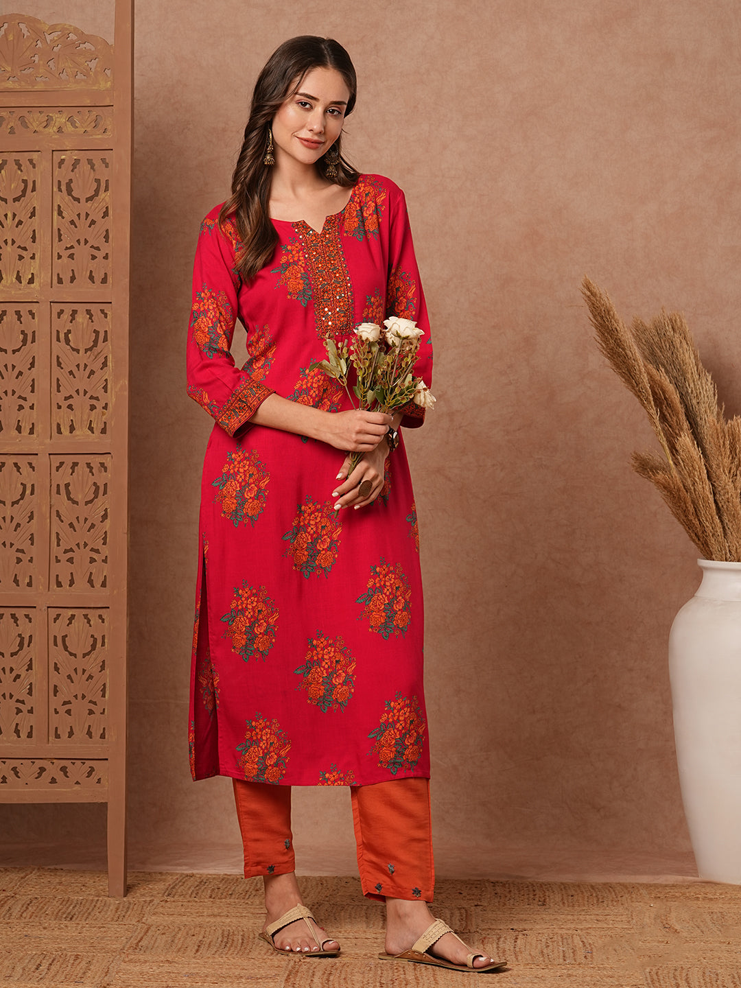 Floral Printed Mirror, Beads & Sequins Embroidered Kurta - Pink