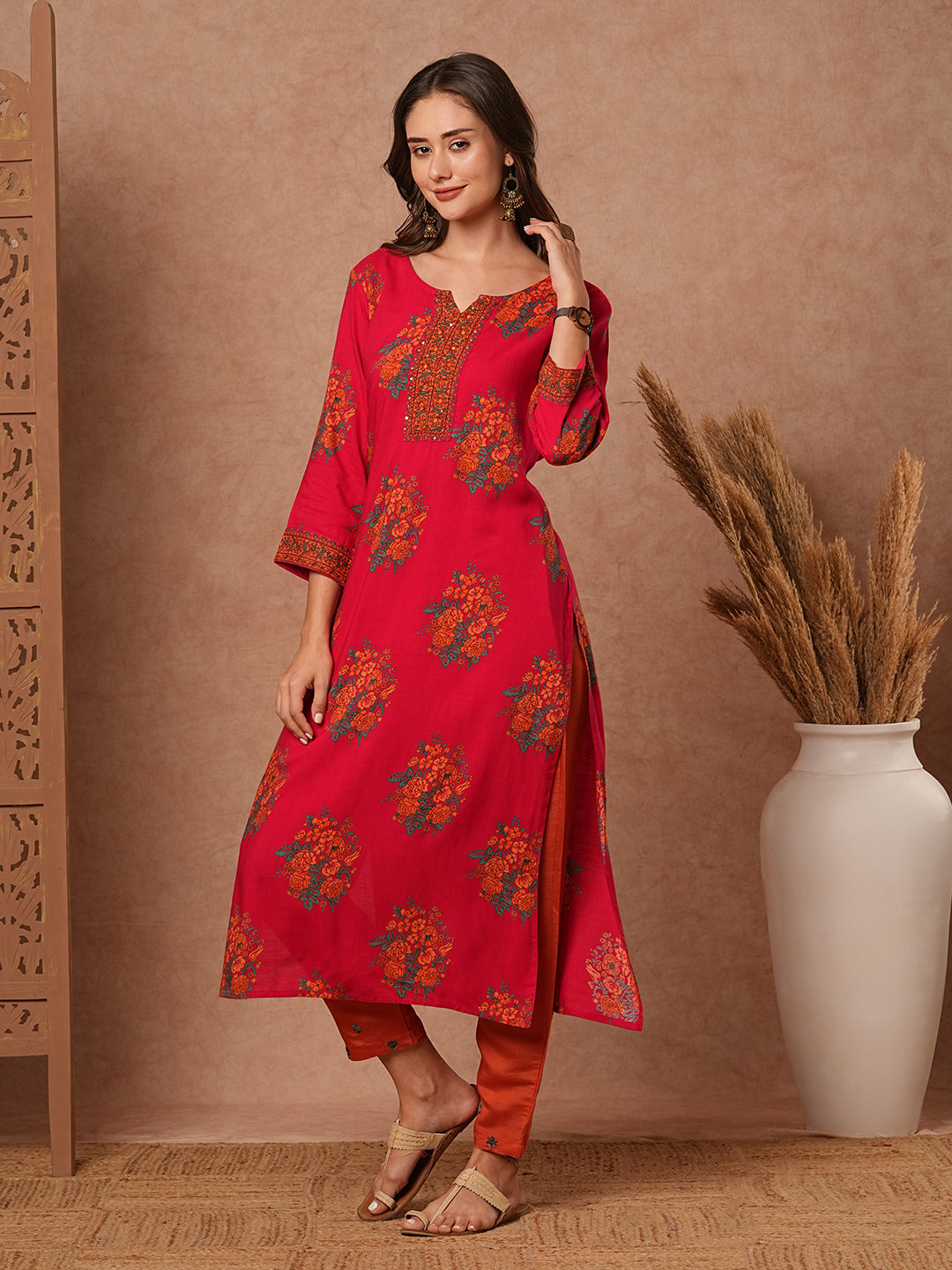 Floral Printed Mirror, Beads & Sequins Embroidered Kurta - Pink