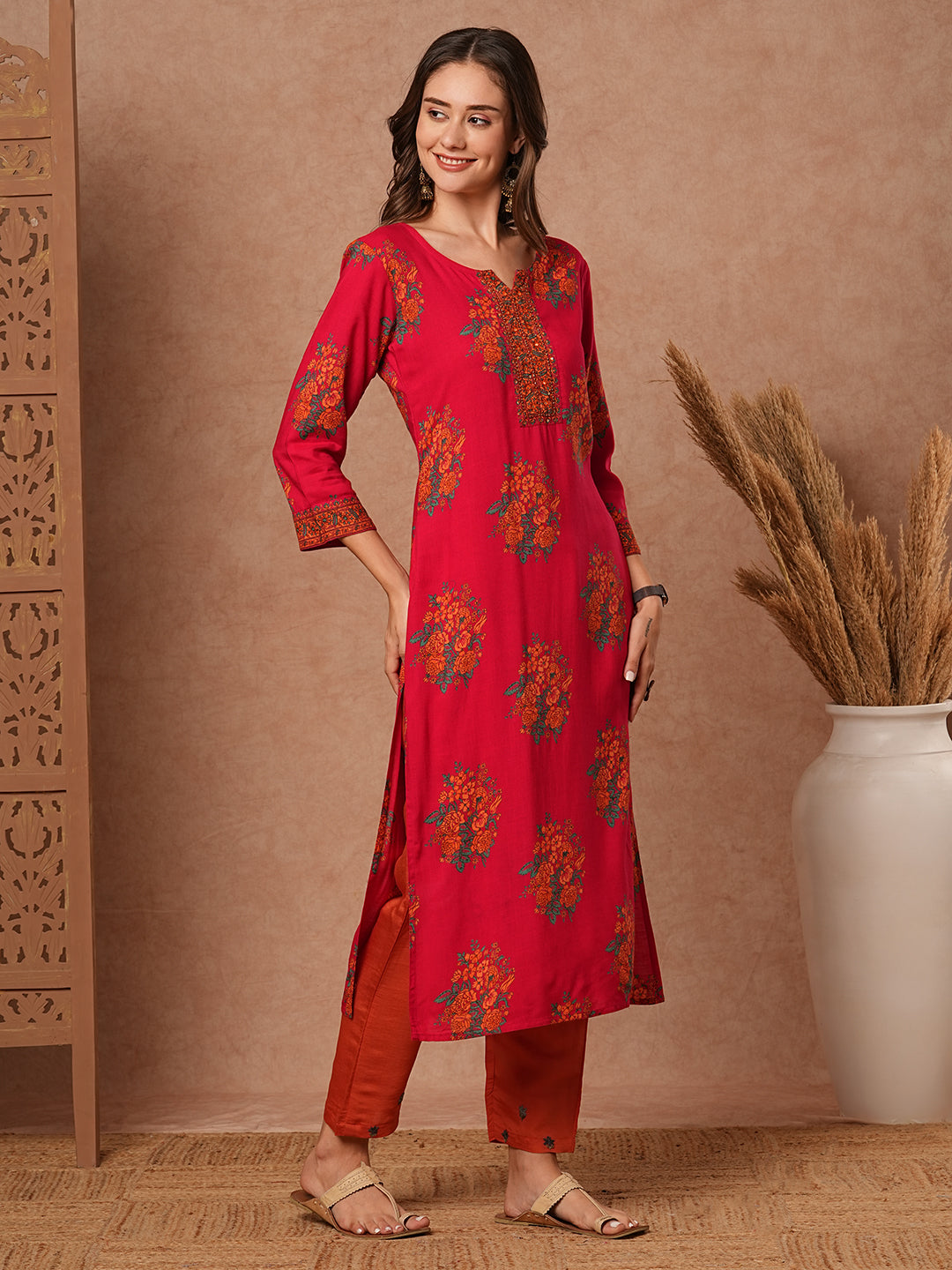 Floral Printed Mirror, Beads & Sequins Embroidered Kurta - Pink