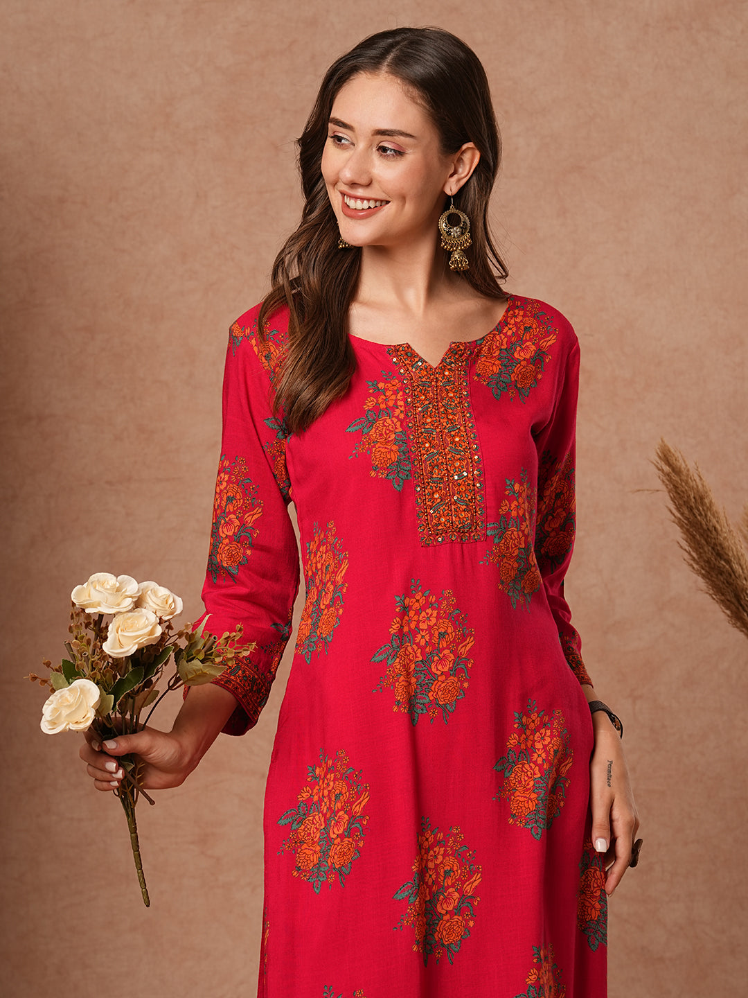 Floral Printed Mirror, Beads & Sequins Embroidered Kurta - Pink