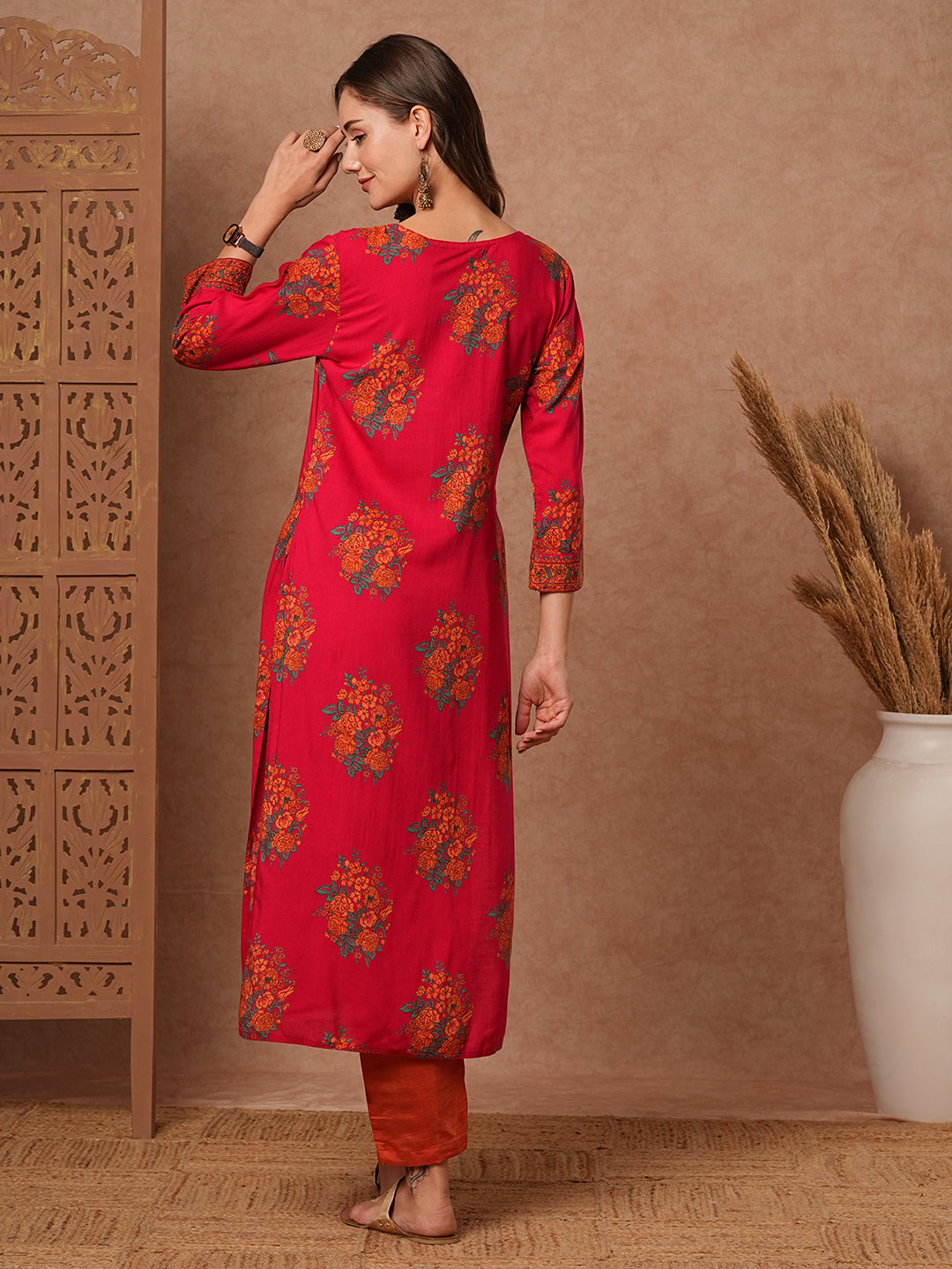 Floral Printed Mirror, Beads & Sequins Embroidered Kurta - Pink