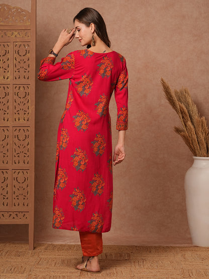 Floral Printed Mirror, Beads & Sequins Embroidered Kurta - Pink