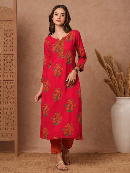 Floral Printed Mirror, Beads & Sequins Embroidered Kurta - Pink