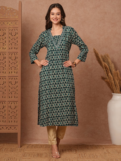 Abstract Printed Resham, Zari & Mirror Embroidered Kurta - Teal