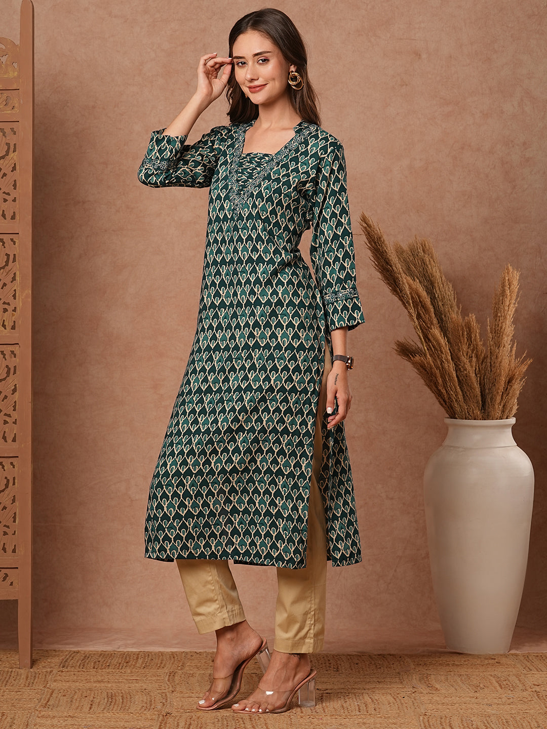 Abstract Printed Resham, Zari & Mirror Embroidered Kurta - Teal