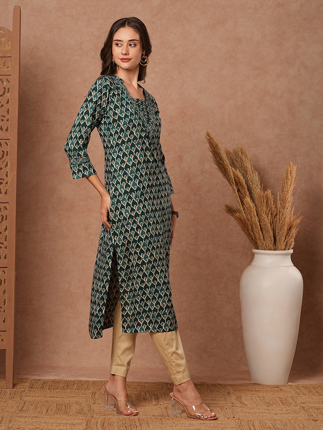 Abstract Printed Resham, Zari & Mirror Embroidered Kurta - Teal