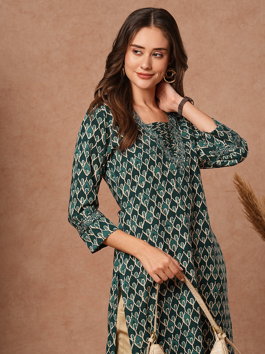 Abstract Printed Resham, Zari & Mirror Embroidered Kurta - Teal