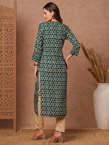 Abstract Printed Resham, Zari & Mirror Embroidered Kurta - Teal