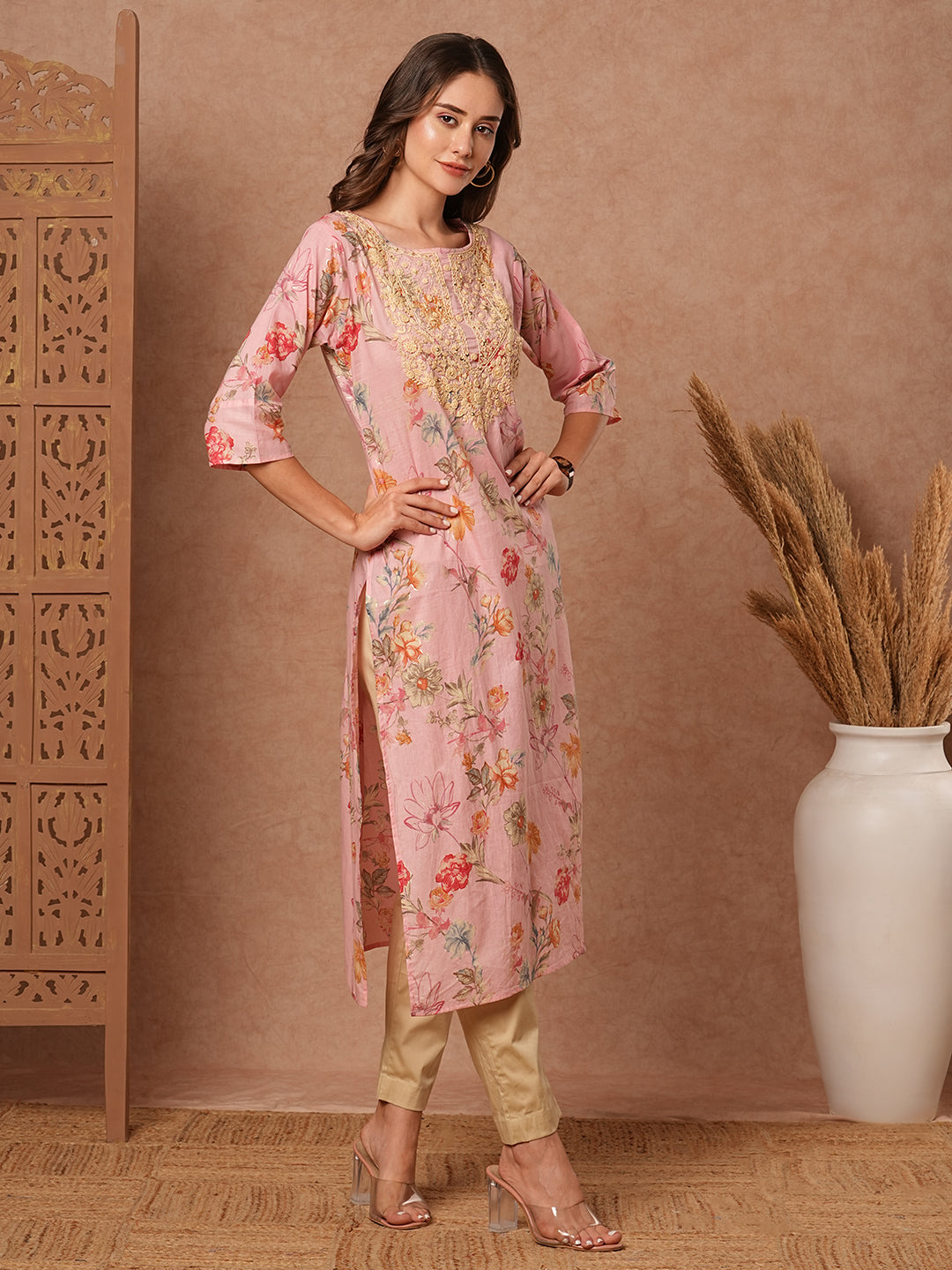 Floral Printed Resham & Sequins Embroidered Kurta - Pink