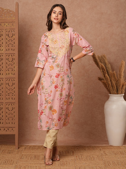 Floral Printed Resham & Sequins Embroidered Kurta - Pink