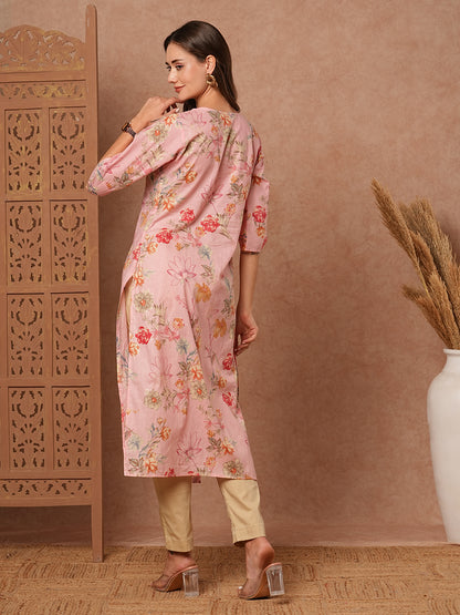 Floral Printed Resham & Sequins Embroidered Kurta - Pink