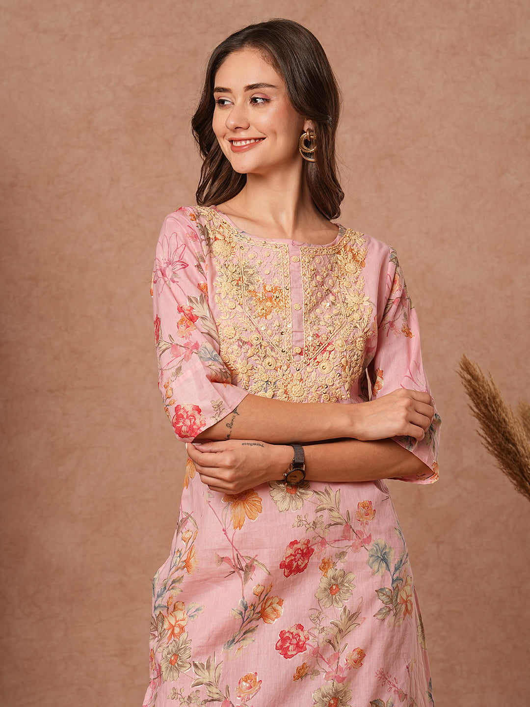 Floral Printed Resham & Sequins Embroidered Kurta - Pink