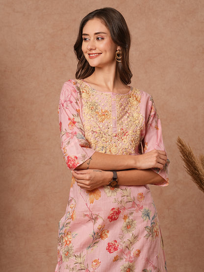 Floral Printed Resham & Sequins Embroidered Kurta - Pink