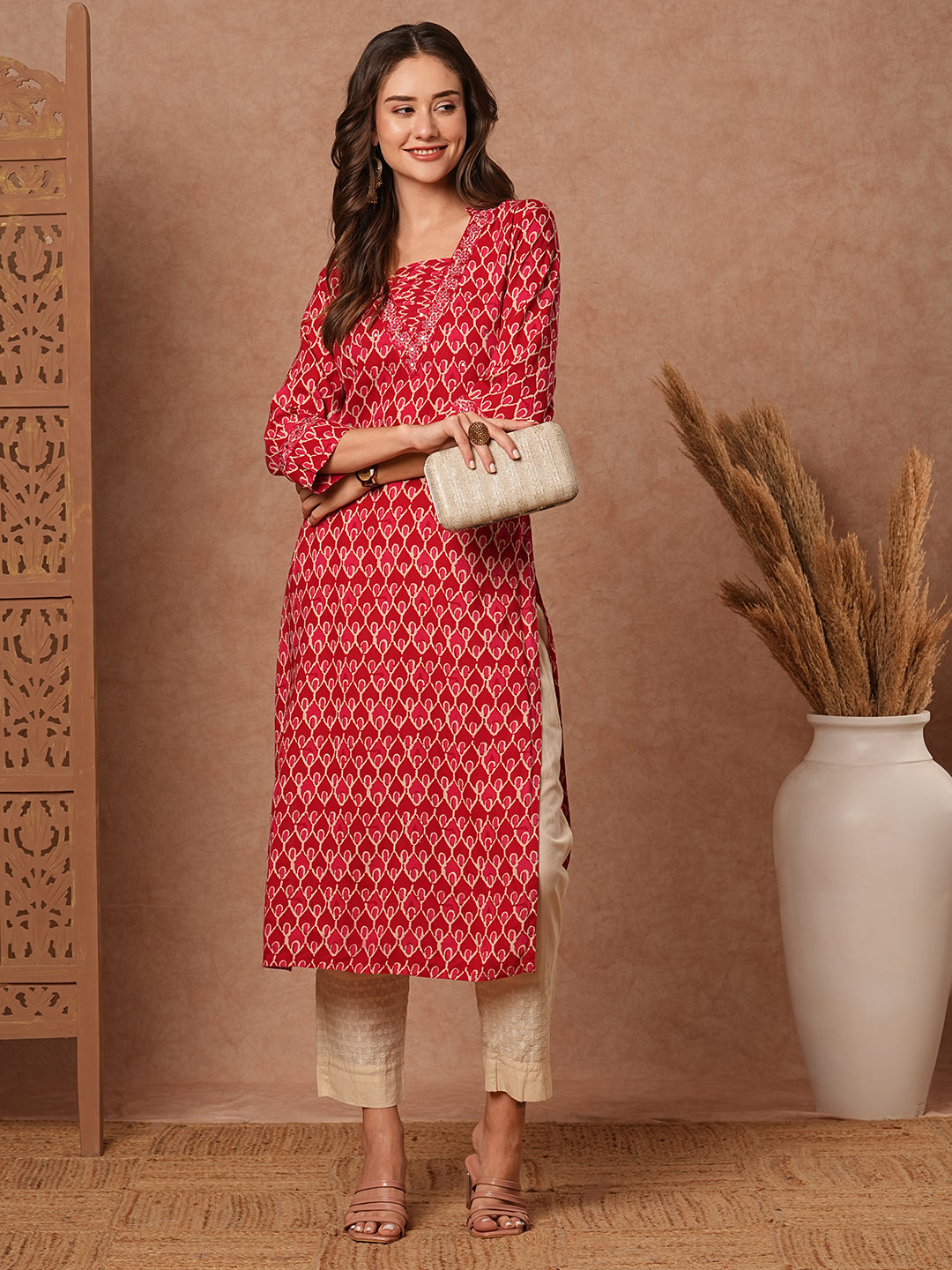 Abstract Printed Resham, Zari & Mirror Embroidered Kurta - Red