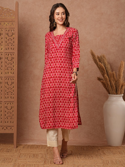 Abstract Printed Resham, Zari & Mirror Embroidered Kurta - Red