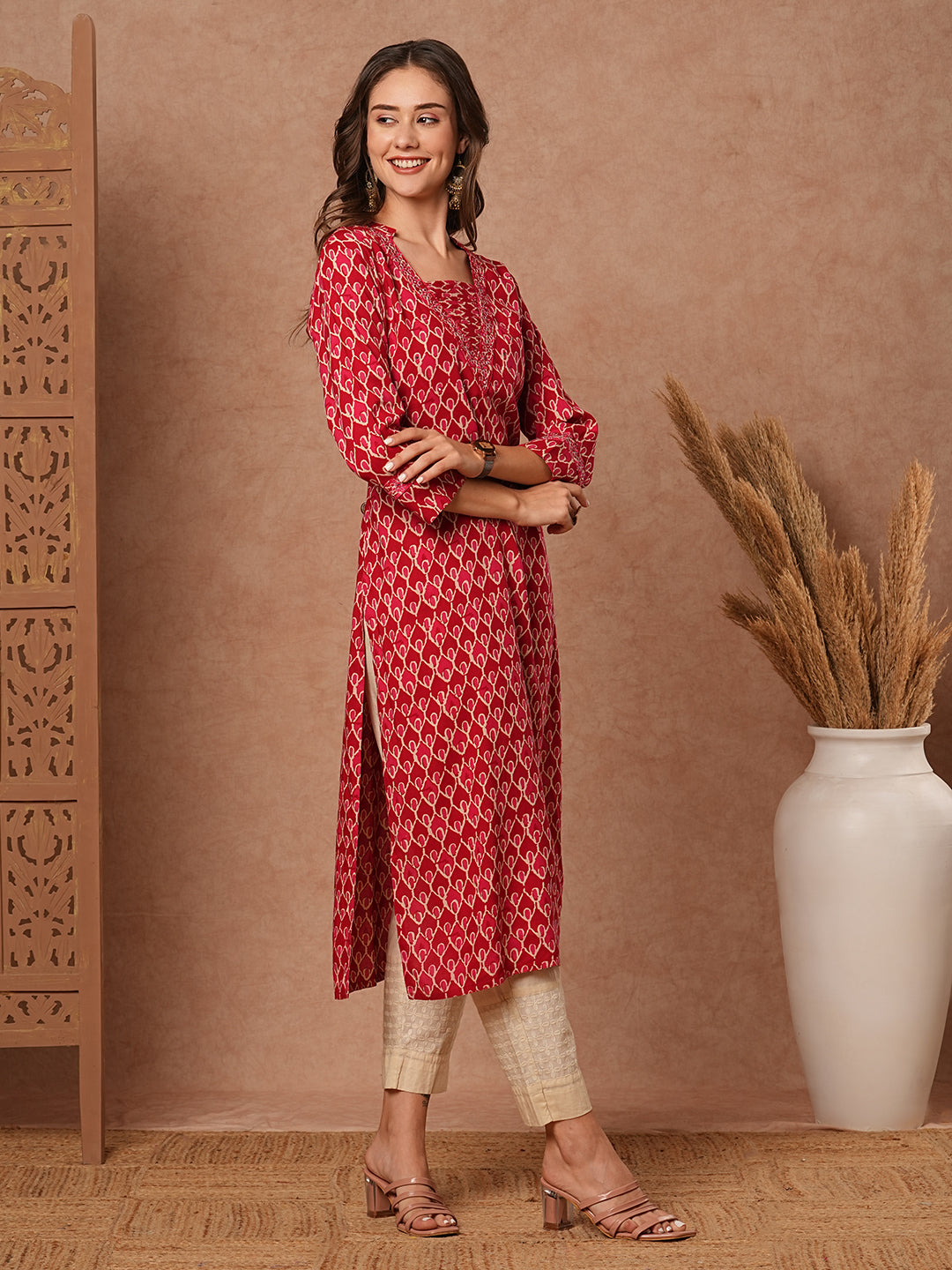 Abstract Printed Resham, Zari & Mirror Embroidered Kurta - Red