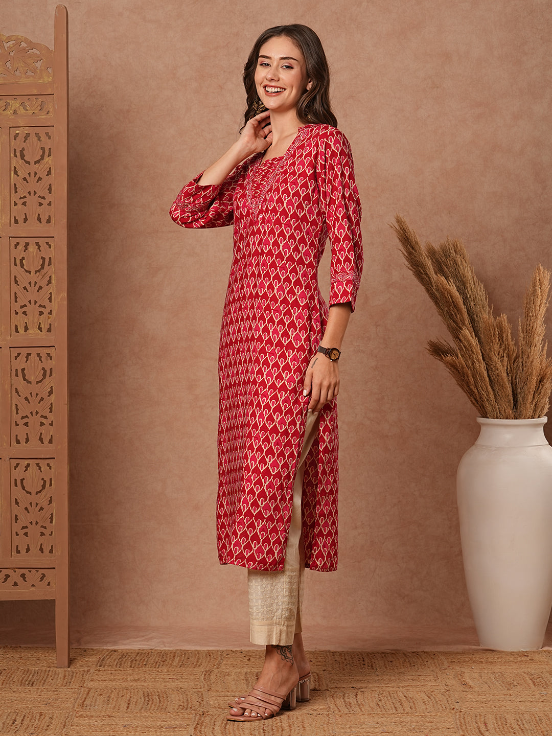 Abstract Printed Resham, Zari & Mirror Embroidered Kurta - Red