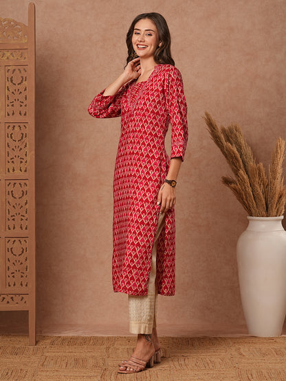 Abstract Printed Resham, Zari & Mirror Embroidered Kurta - Red