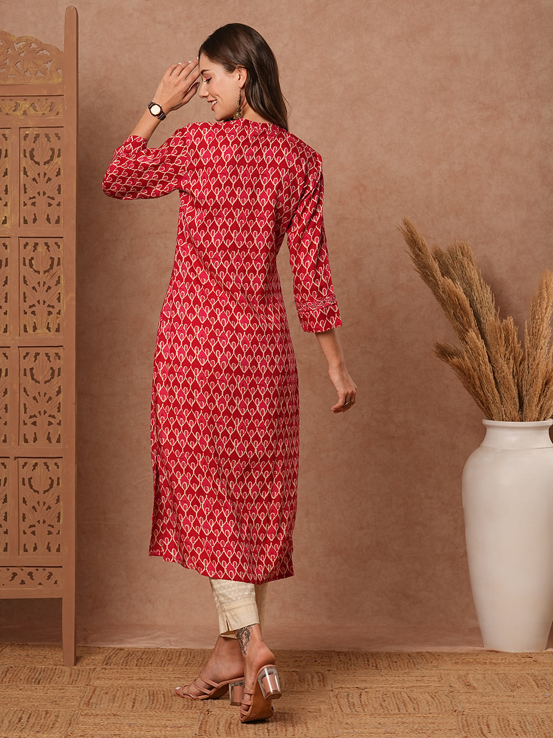 Abstract Printed Resham, Zari & Mirror Embroidered Kurta - Red