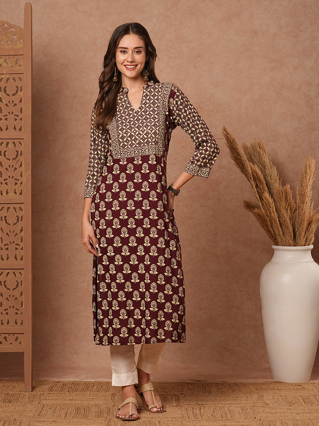 Floral & Abstract Printed Sequins Embellished Kurta - Brown