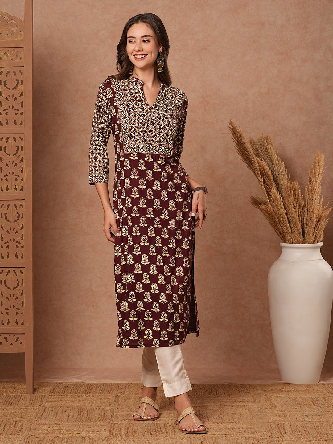 Floral & Abstract Printed Sequins Embellished Kurta - Brown