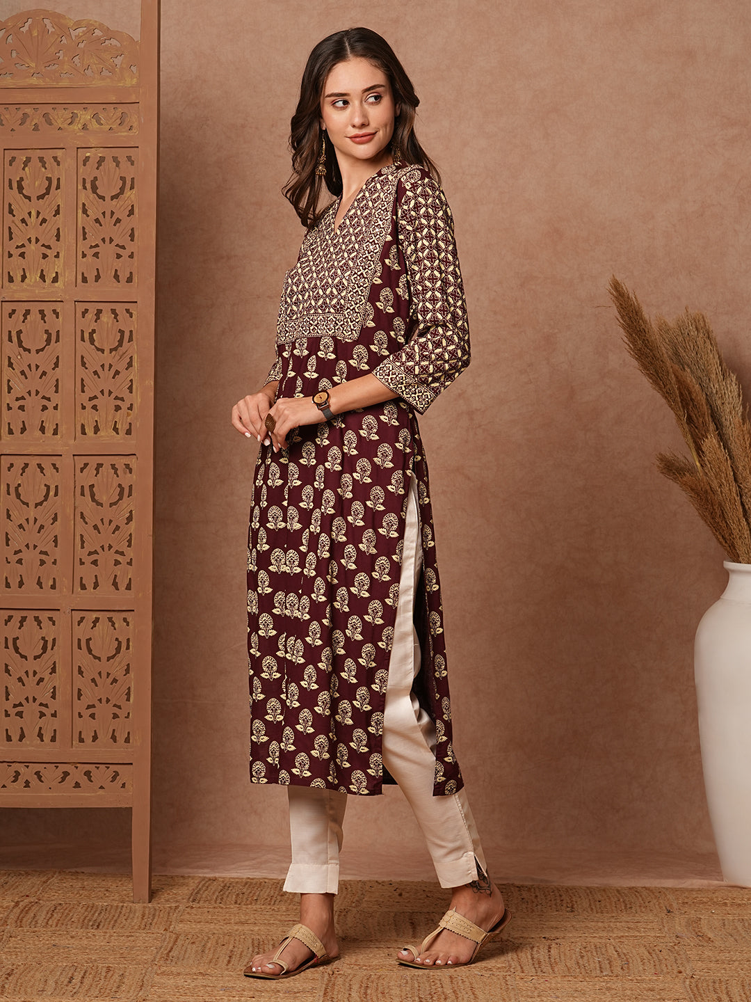 Floral & Abstract Printed Sequins Embellished Kurta - Brown