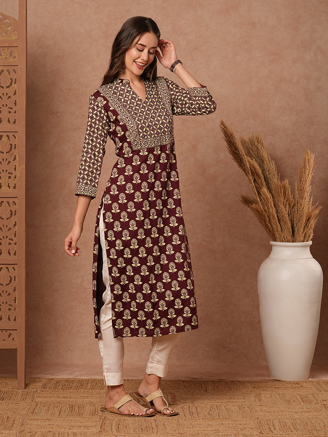 Floral & Abstract Printed Sequins Embellished Kurta - Brown