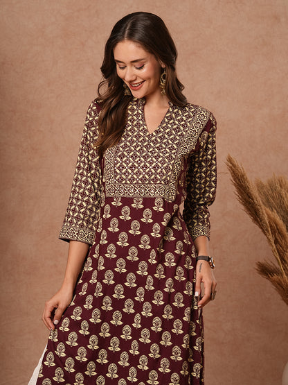 Floral & Abstract Printed Sequins Embellished Kurta - Brown