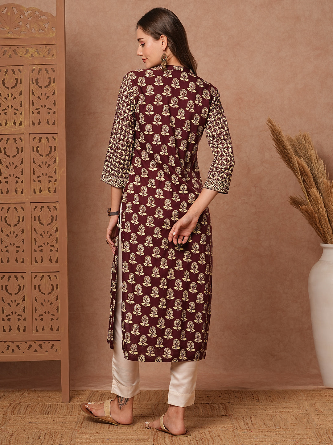 Floral & Abstract Printed Sequins Embellished Kurta - Brown