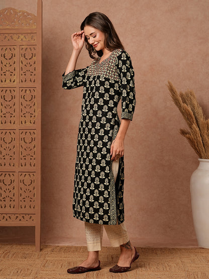 Floral & Abstract Printed Resham & Beads Embellished Kurta - Black