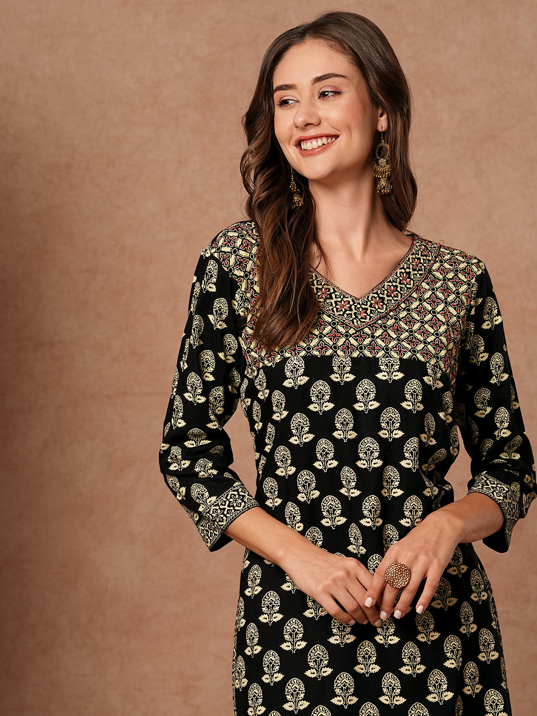 Floral & Abstract Printed Resham & Beads Embellished Kurta - Black