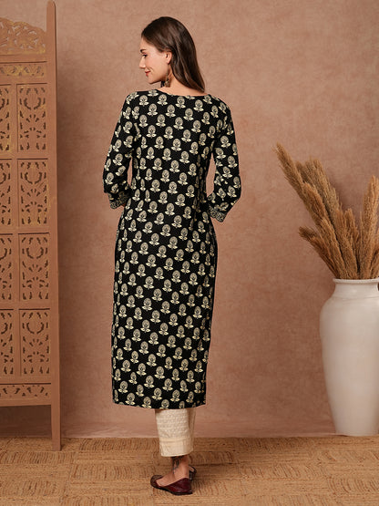 Floral & Abstract Printed Resham & Beads Embellished Kurta - Black