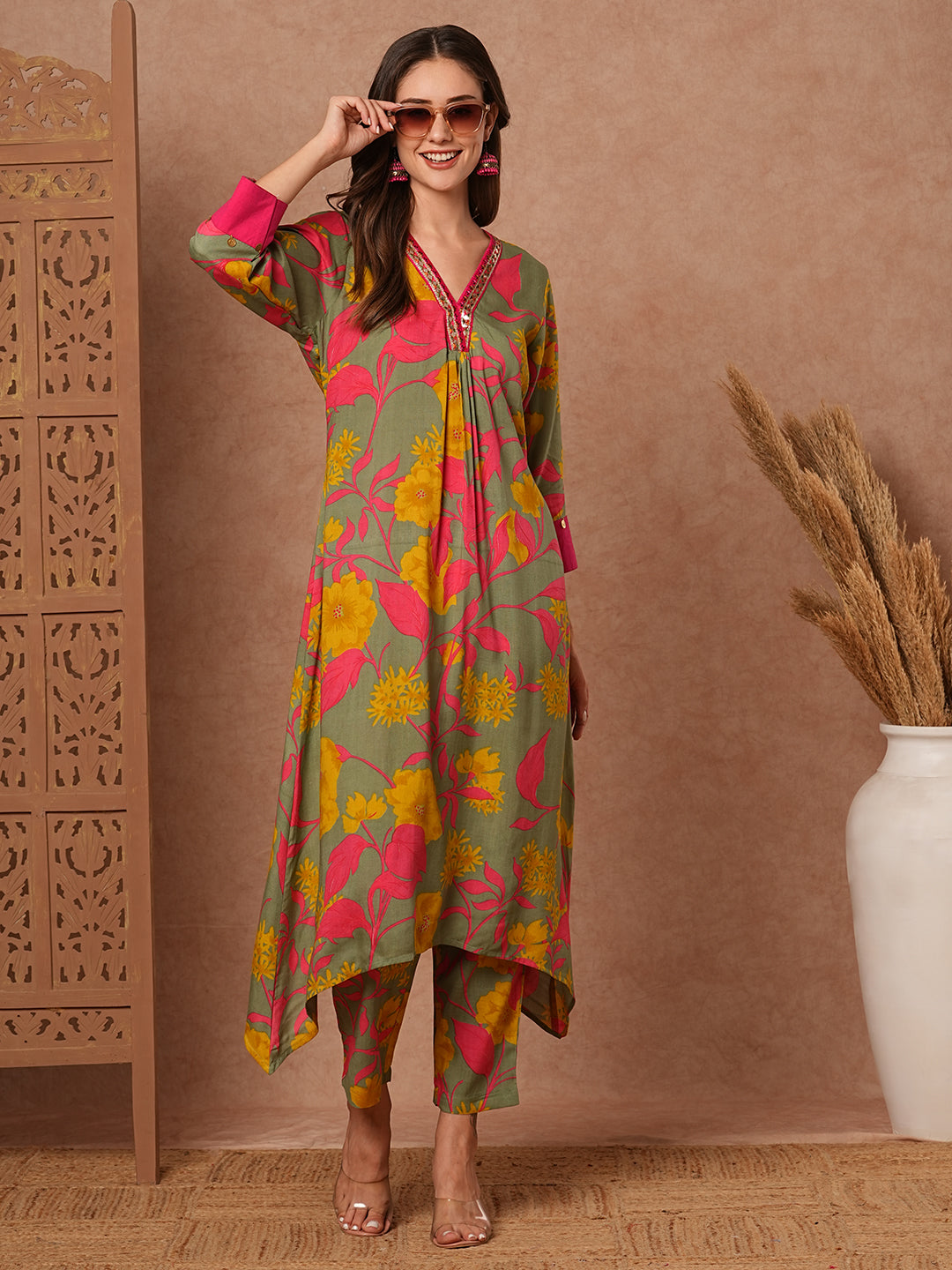 Floral Printed A-Line Pleated Kurta with Pant - Green