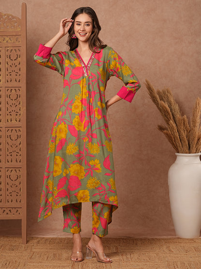 Floral Printed A-Line Pleated Kurta with Pant - Green