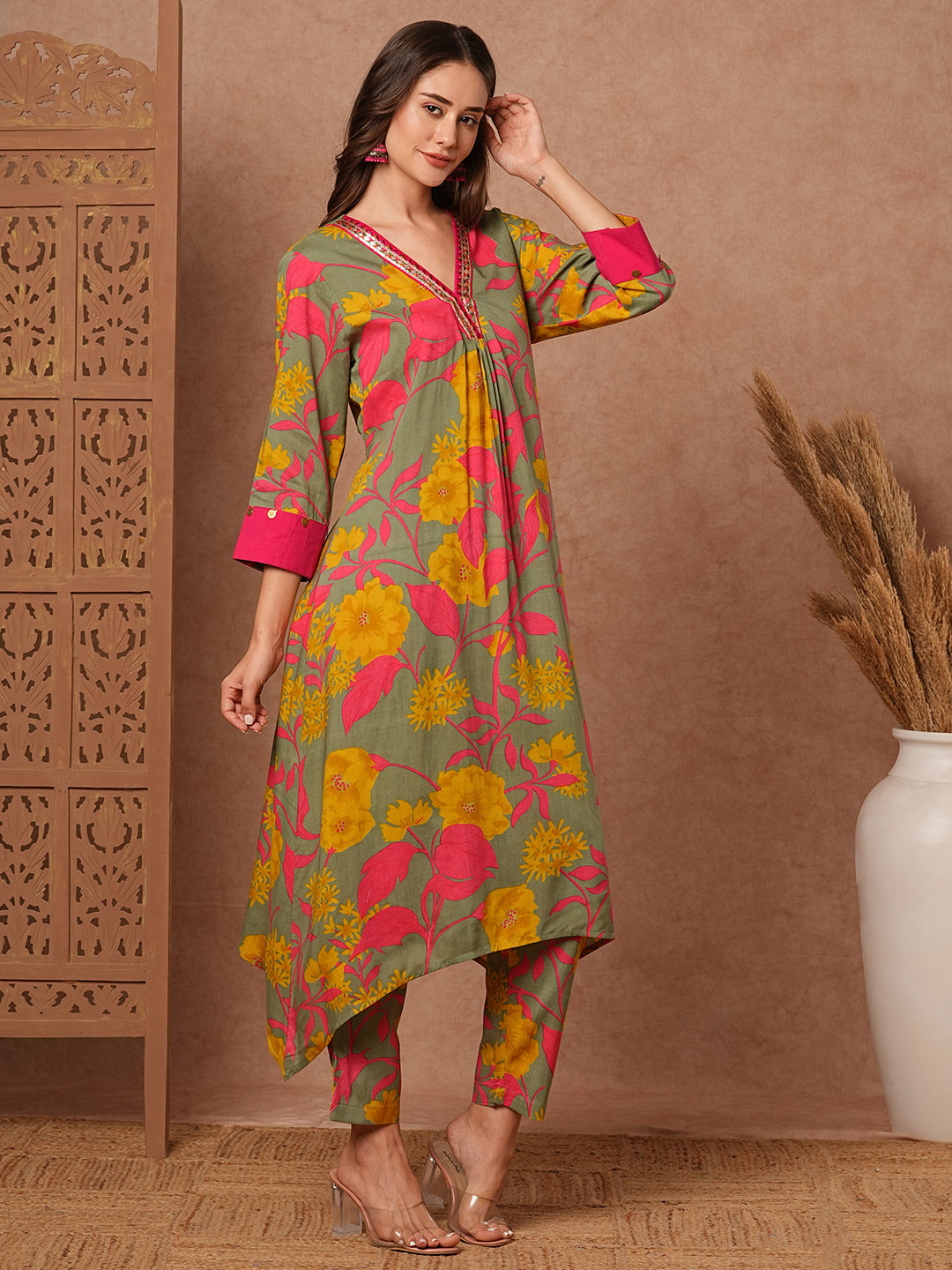 Floral Printed A-Line Pleated Kurta with Pant - Green