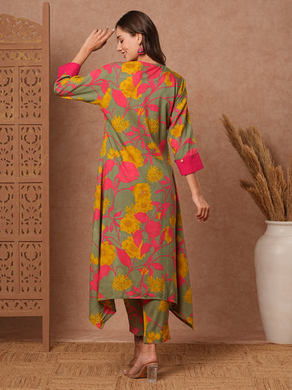 Floral Printed A-Line Pleated Kurta with Pant - Green