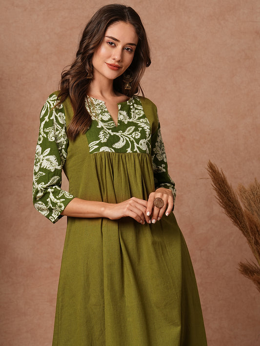 Ethnic Floral Printed Solid A-Line Kurta with Pant - Olive Green