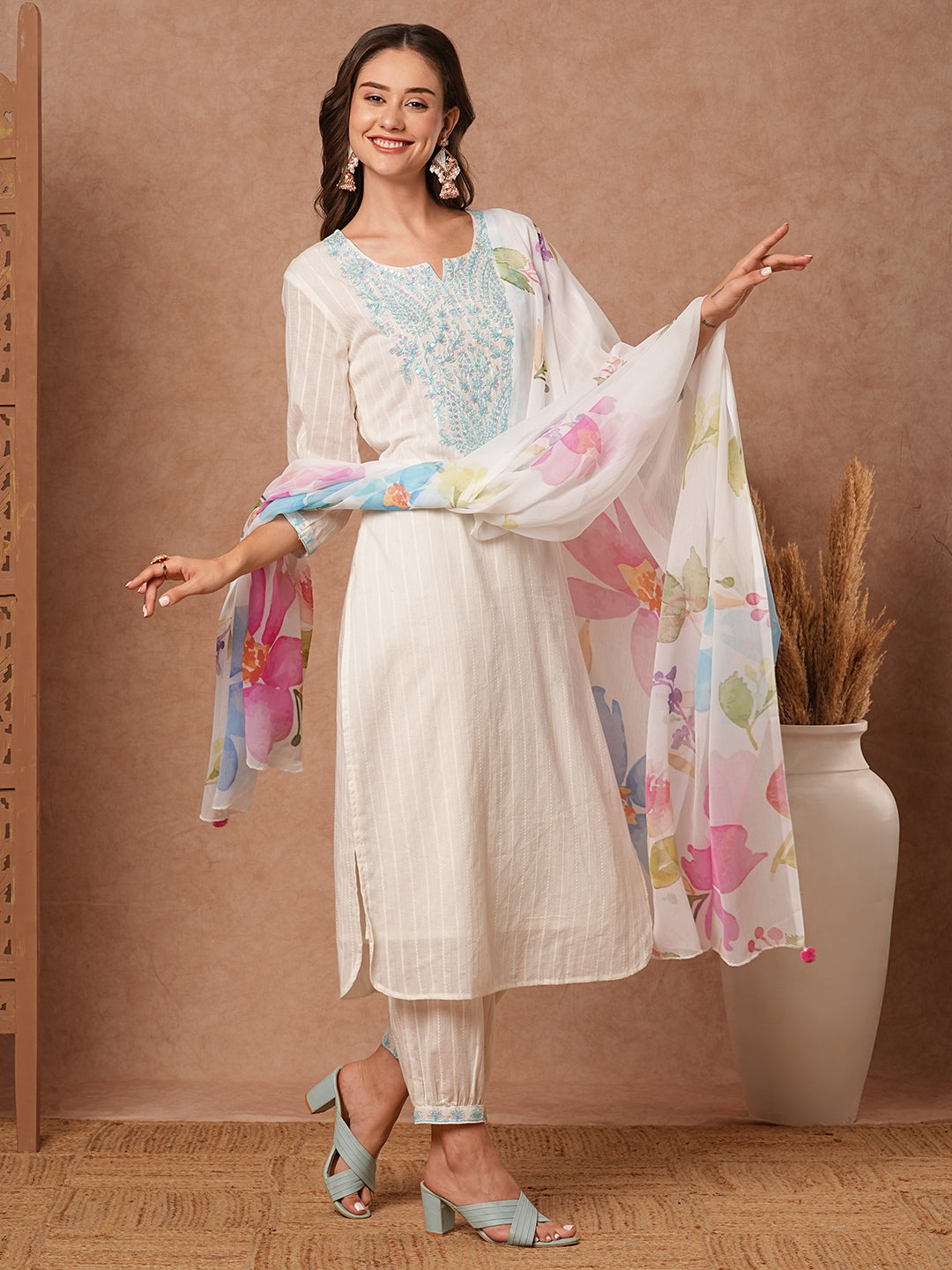 Solid Dobby Striped Resham & Sequins Embroidered Kurta with Salwar Pants & Dupatta - White