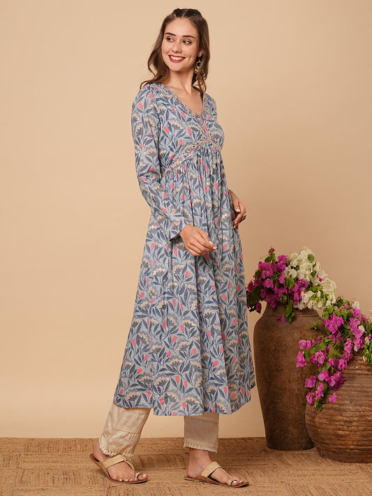 Ethnic Floral Printed & Sequin Hand Embroidered A-Line Pleated Midi Dress - Blue