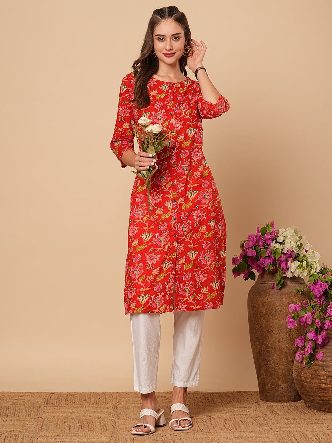 Floral Printed Straight Fit Cotton Kurta - Red